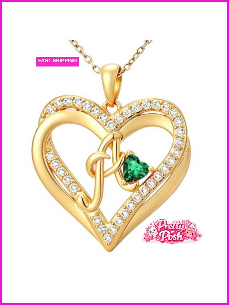 14k Gold-Plated Heart Initial Pendant Necklace With Birthstone, Gift Box